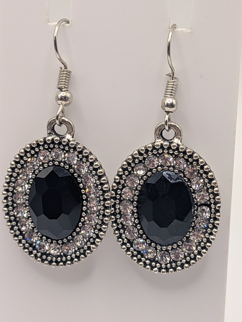 Silver-Tone Black Crystal Oval Drop Earrings